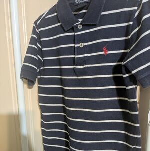 Ralph Lauren Navy and White Striped Polo with Red Pony